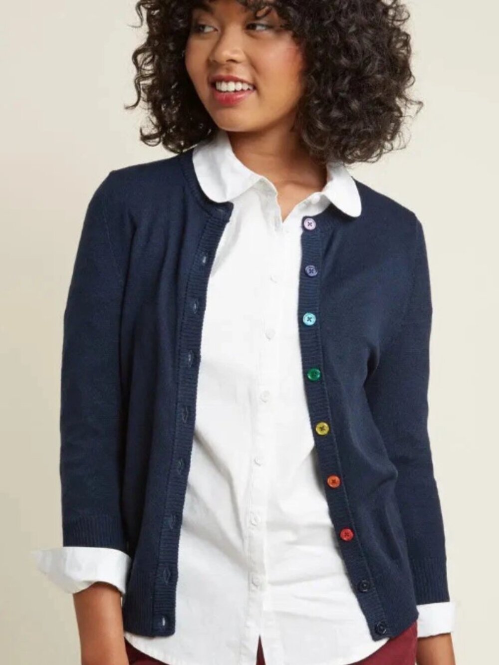 ModCloth Navy Cardigan 1X Rainbow Buttons Women 3/4 Sleeve